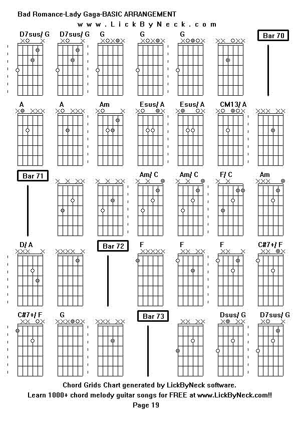 Chord Grids Chart of chord melody fingerstyle guitar song-Bad Romance-Lady Gaga-BASIC ARRANGEMENT,generated by LickByNeck software.